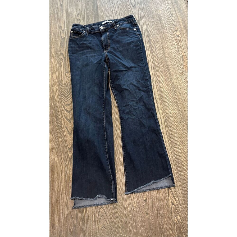 NineโWest Womens Kick Flare Jeans High Rise Denim Raw Hem Dark Wash Blue Size 8